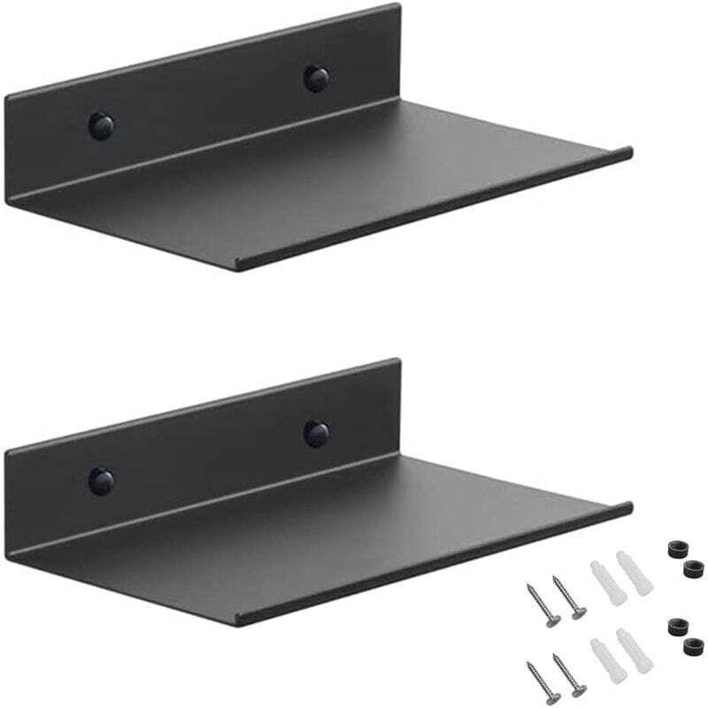 Support mural en métal, lot de 2 étagères flottantes noires 20 cm, support mural de douche, support mural rectangulaire avec trous et vis, adapté