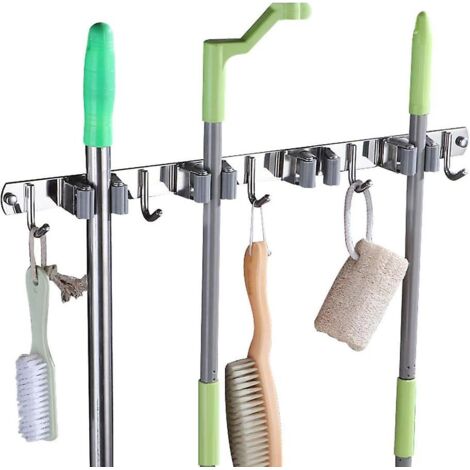 Support mural gris en acier inoxydable pour balai et serpillière, avec 4 pinces et 5 crochets - Organisateur de rangement mural pour cuisine et jardin