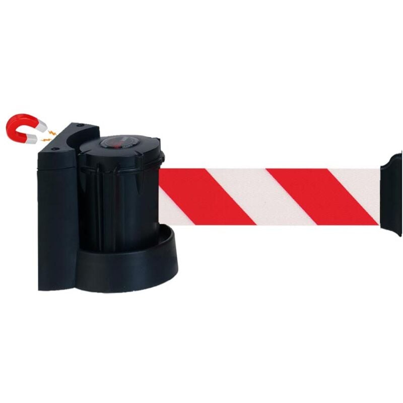 Enrouleur mural magnétique avec sangle Rouge/Blanc hachuré 3m x 50mm - 2050067