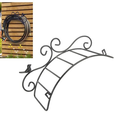 Support mural multifonctionnel en fer peint noir avec apparence antique et ornements aviaires pour tuyau d'arrosage - dimensions 35x16cm, idéal pour jardin, intérieur et extérieur, incluant 2 vis et 2