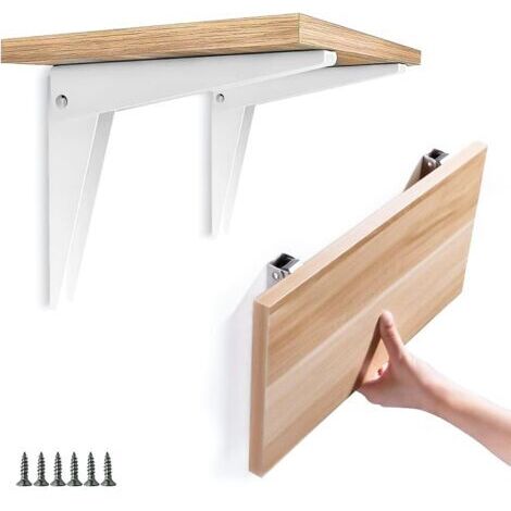 Support Mural Pliant 2 pièces, Équerre Étagère Supports d'étagère Équerre Repliable Rabattable en Métal Support Garage Console Pliante DIY Rayonnage, Blanc 8"/200 mm