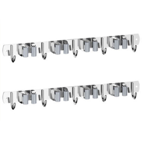 Support mural pour balai, 2 pièces, support mural pour balai, serpillière, support à outils en acier inoxydable, organisateur de support pour outils de jardin, 4 supports et 5 crochets (argent)