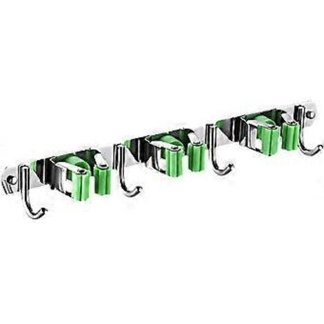 Support mural pour balai, support mural pour balai, support pour serpillière en acier inoxydable avec 3 pinces et 4 crochets pour cuisine, jardin, balcon ou garage