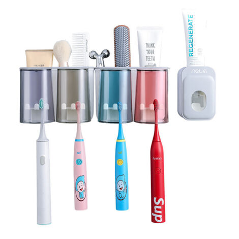 Support mural pour brosses à dents avec 4 gobelets et compartiments de rangement