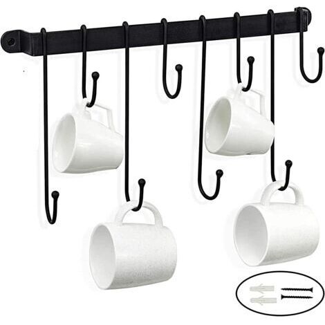 Support mural pour casseroles de 40 cm avec 8 crochets, étagère porte-ustensiles de cuisine avec adhésif puissant, pour casseroles, poêles, couvercles et ustensiles de cuisine, noir