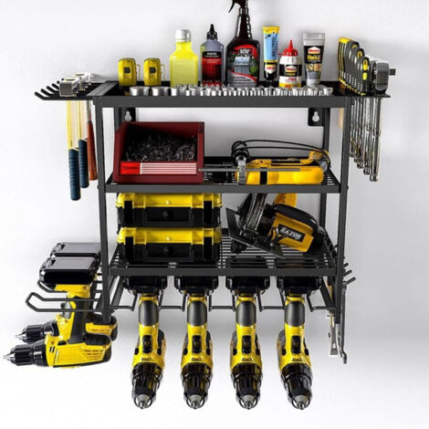 Support mural pour outils électriques, étagère de rangement robuste en métal à 4 niveaux, avec support pour perceuse sans fil, idéale pour le garage. Convient également pour tournevis et marteau.