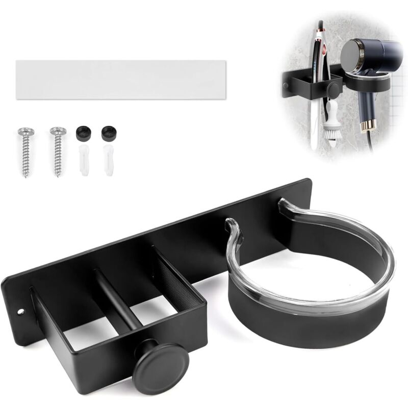 Support mural pour sèchecheveux 3 en 1 Aluminium, autocollant, pour sèchecheveux, lisseur et accessoires