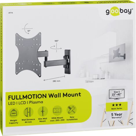 Support Mural pour TV Basic FULLMOTION (S), pour les téléviseurs de 58-107 cm (23 à 42 pouces), articulation à double bras entièrement mobile (pivotante et inclinable) jusqu'à 15 kg.