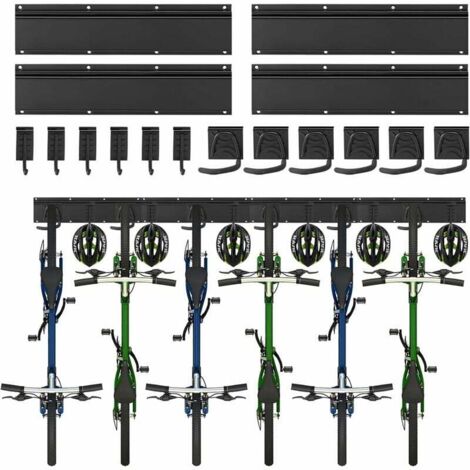 Support mural pour vélo, support mural pour 6 vélos, 6 casques, crochet de rangement pour outils pour garage ou maison, crochet vertical pour vélo (largeur intérieure : 90 mm) – 4 rails