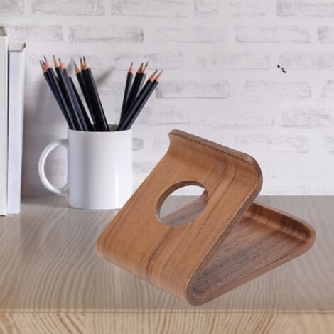 Support mural universel en noyer pour tablette et smartphone, fixation adhésive double face marron