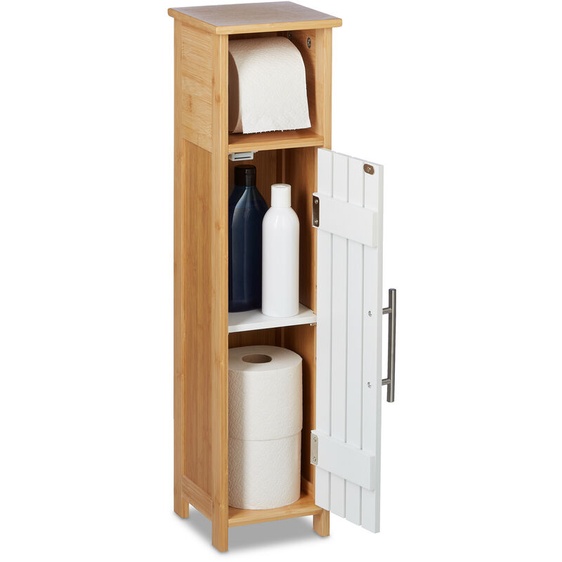 Support non fixe pour papier toilette, pour salle de bain, HxLxP: 71x18x20 cm, mdf & bambou, marron - blanc - Relaxdays