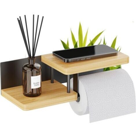 Support Papier Toilette Mural - avec ou sans Perçage - Porte-Papier Toilette en Bois & Métal - Distributeur Rouleau Papier WC PQ - Noir & Bambou
