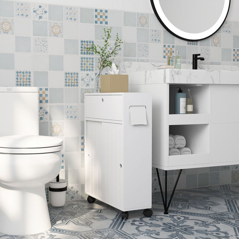 Meuble de rangement salle de bain, meuble wc pour papier toilette avec portes coulissantes, plusieurs compartiments, sur roulettes, meuble de