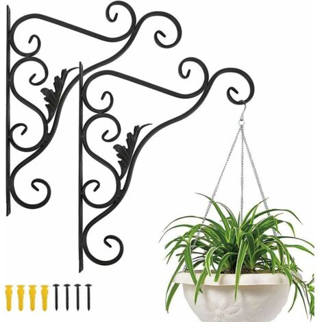 Support Plante Mural Balcon, Lot de 2 Rétro Européen Forme de Feuille, Crochet de Suspension en Fer Forgé, pour Lanternes à Paniers avec Vis, Décor Extérieur pour Balcon de Jardin - Noir Peint