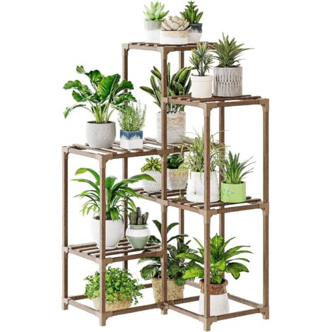 Support Plantes Intérieur en Bois d'Angle, Porte Plante Intérieur et Étagère Plante pour 7 Pots, Supports de Pots de Fleurs Extérieur pour Salon, Patio, Balcon, et Décoration de Jardin