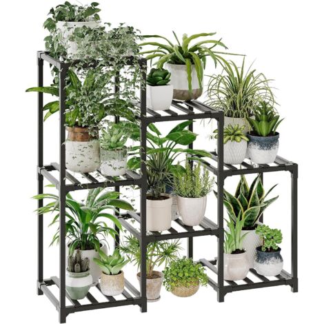 Support Plantes Intérieur, Porte Plante Intérieur Noir, Étagère Plante pour Plantes Multiples, 3 Niveaux 7 Pots, Support Plante Échelle pour Fenêtre, Porte Plante Extérieur