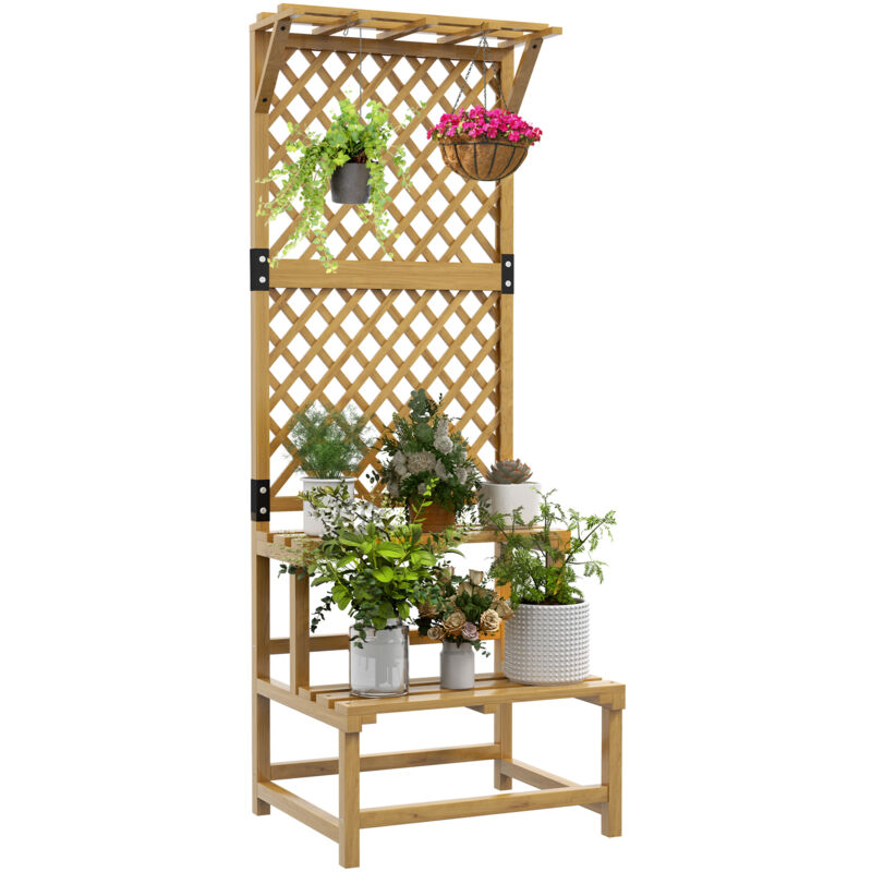 Support plantes intérieur porte plante intérieure à deux niveaux avec treillis 60 x 50 x 166 cm en bois massif jaune