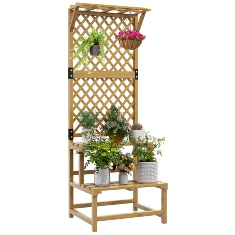 Support plantes intérieur porte plante intérieure à deux niveaux avec treillis 60 x 50 x 166 cm en bois massif jaune