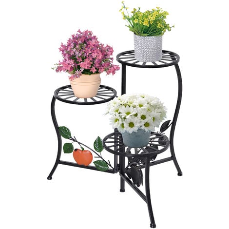 Support pots de fleurs 3 pièces acier noir plateaux aspect bois