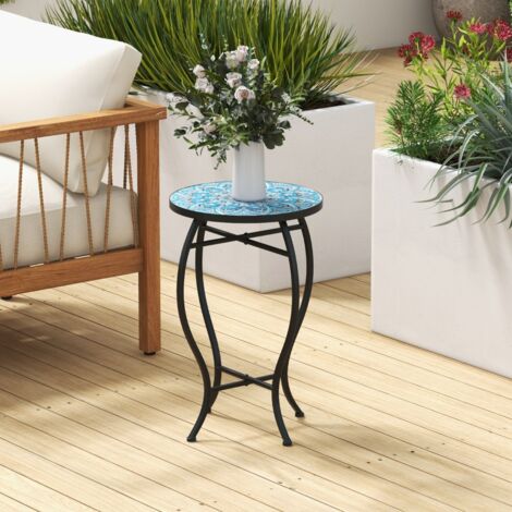 Support Pot de Fleurs Plateau en Céramique à Motifs Mosaïque Patin Antidérapant Porte Plante en Métal Intérieur Extérieur