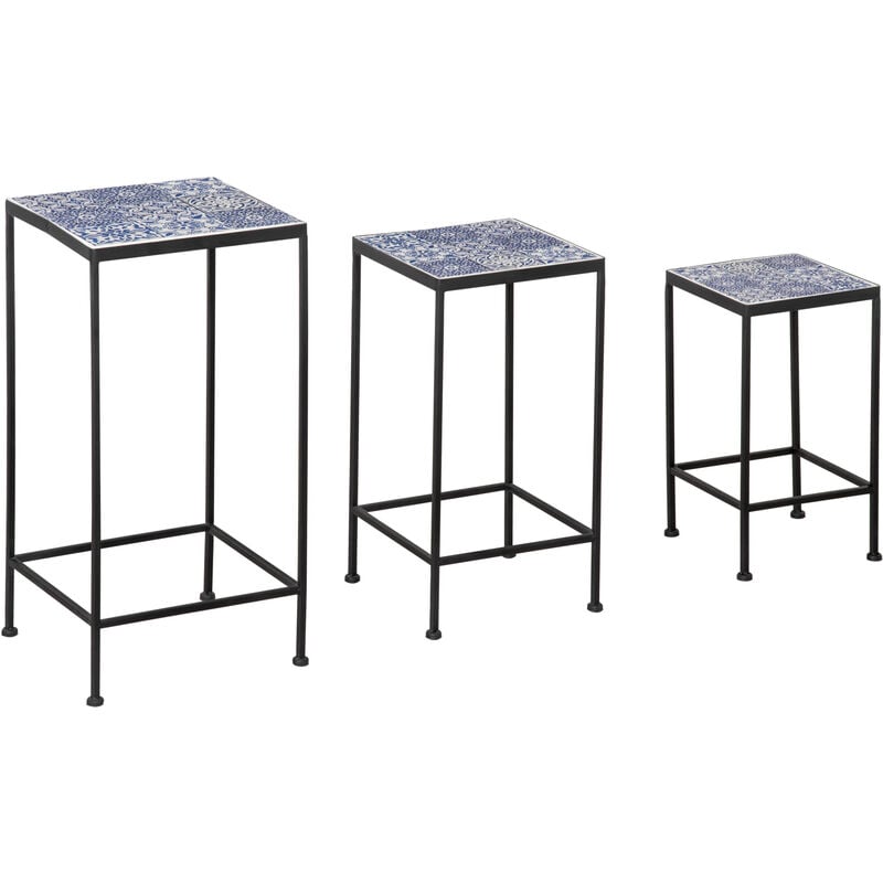 Support pots de fleurs 3 pièces - lot de 3 étagères à fleurs - portes plantes empilables - métal époxy plateaux carreaux céramique bleu