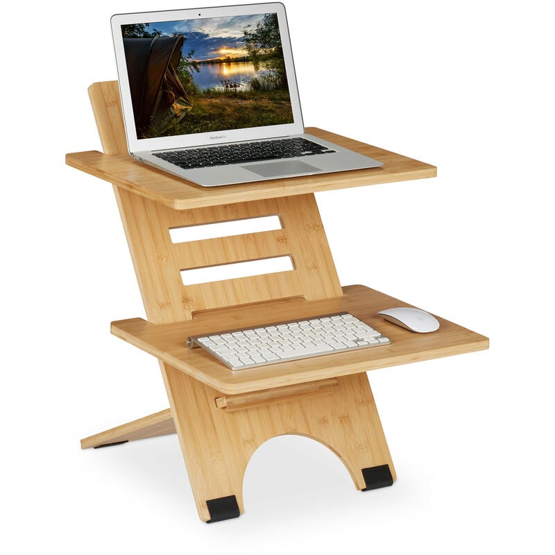 Support pour bureau, réglable en hauteur, 2 surfaces, bambou, organisateur, travailler debout, nature - Relaxdays