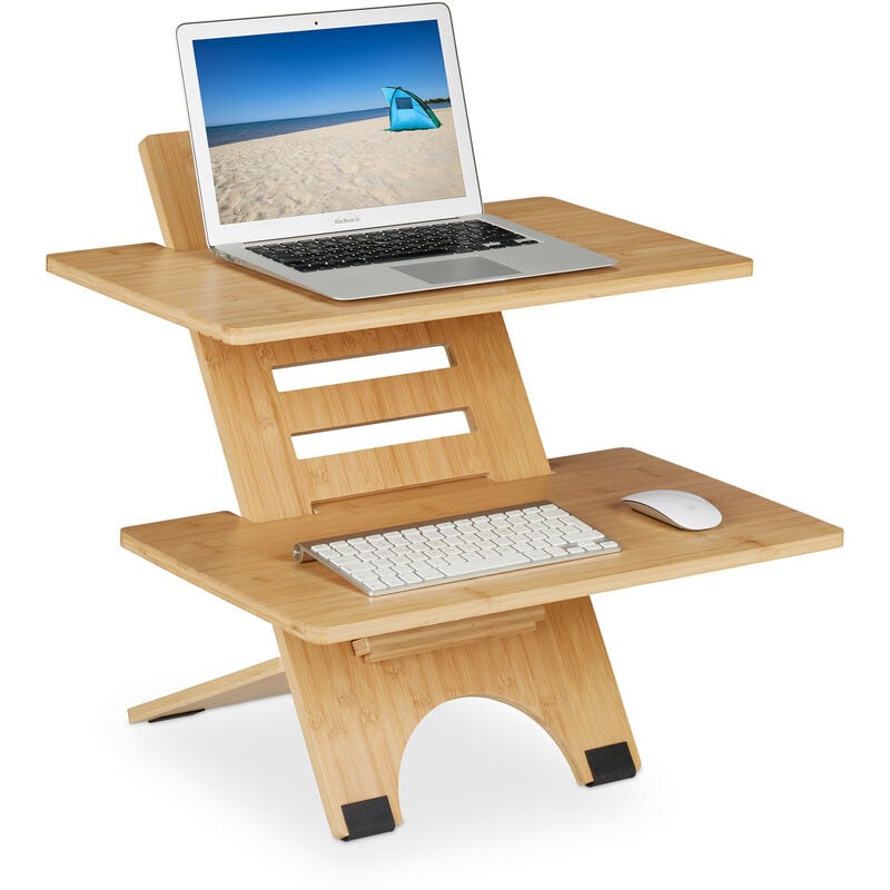 Relaxdays - Support pour bureau, réglable en hauteur, 2 surfaces, bambou, organisateur, travailler debout, nature