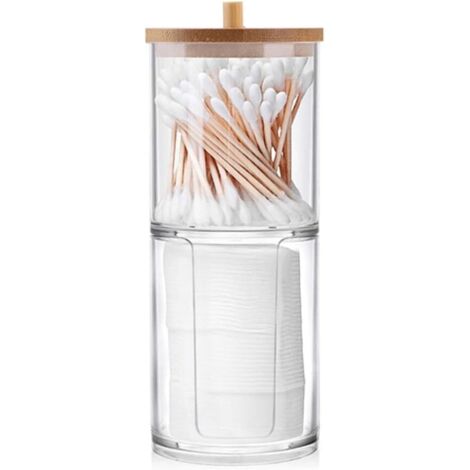 Support Pour Cotons-Tiges - Bocal En Acrylique Transparent - Couvercle En Bambou - Empilable - Pour Salle De Bain - Lot De 1