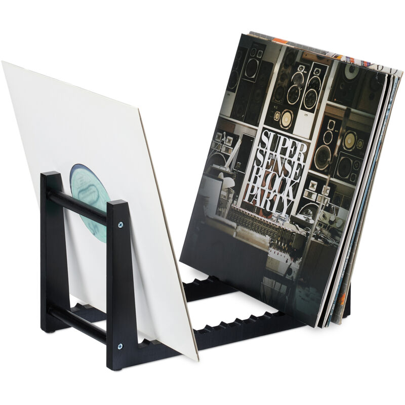 Support pour disques vinyles, en bambou, avec 12 rainures pour 50 lp, h x l x p : 19,5 x 35 x 17 cm, noir - Relaxdays