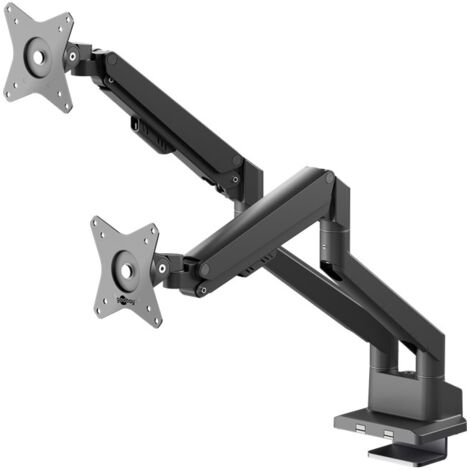 Support pour Écran Double avec Ressort à Gaz, noir, pour moniteurs de 17 à 32 pouces (43 - 81 cm), max. 9 kg par moniteur, montage facile des bras par encliquetage.