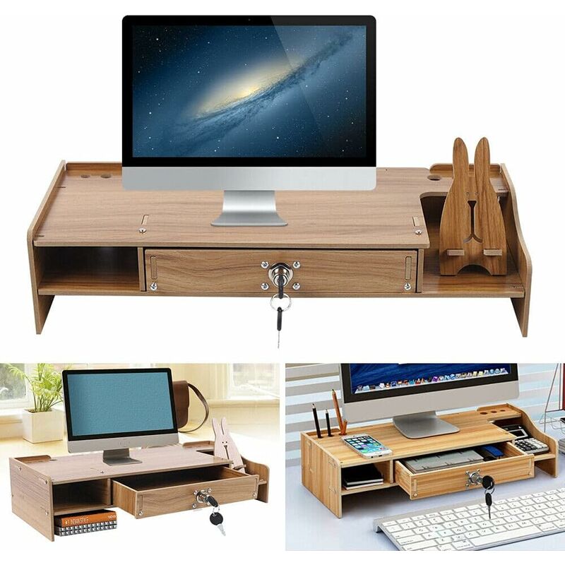 Support pour écran multifonction avec tiroir en bois - Pour ordinateur portable, haut-parleur, tv