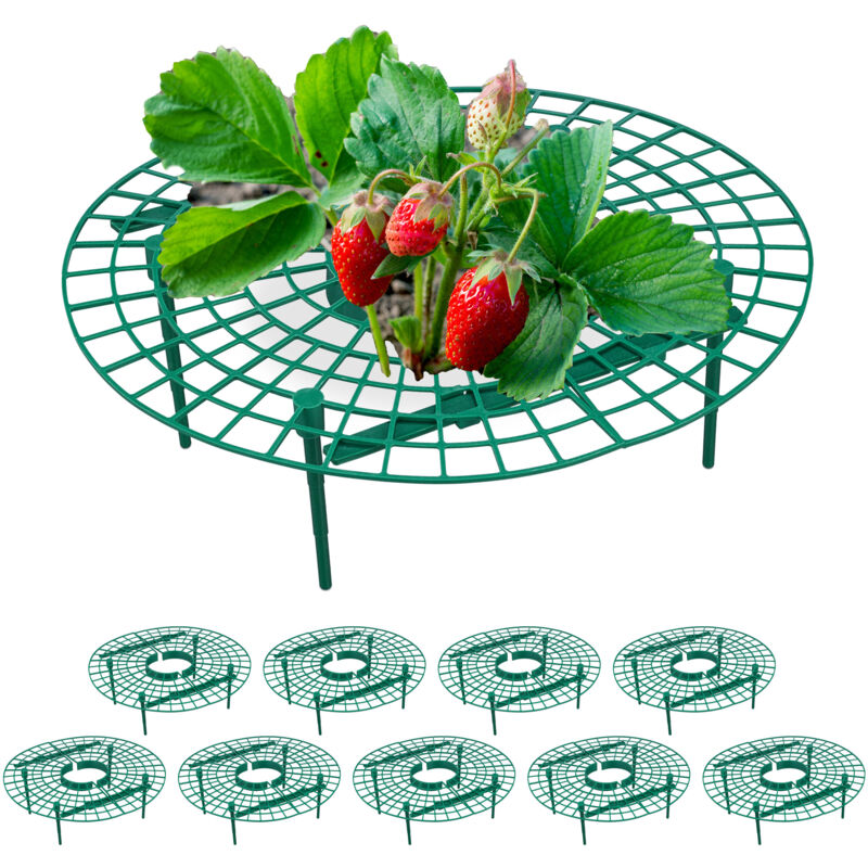 Relaxdays - Support pour fraises, lot de 10, grille en pp pour fraisier grimpant, contre limaces et pourriture, vert