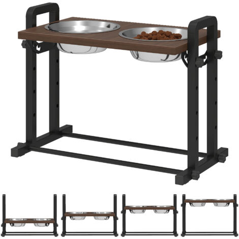 Support pour gamelles de chien avec 4 gamelles réglables en hauteur, 2 gamelles en acier inoxydable de 1,2 L, 3 angles d'inclinaison, marron
