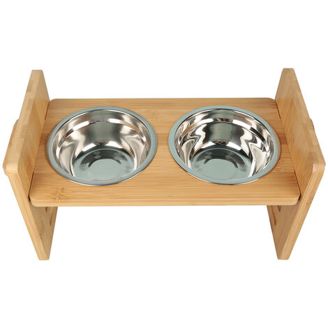 Support pour gamelles en bambou pour chiens et chats réglable en hauteur et inclinable en degrés avec 2 gamelles en acier inoxydable en bois naturel