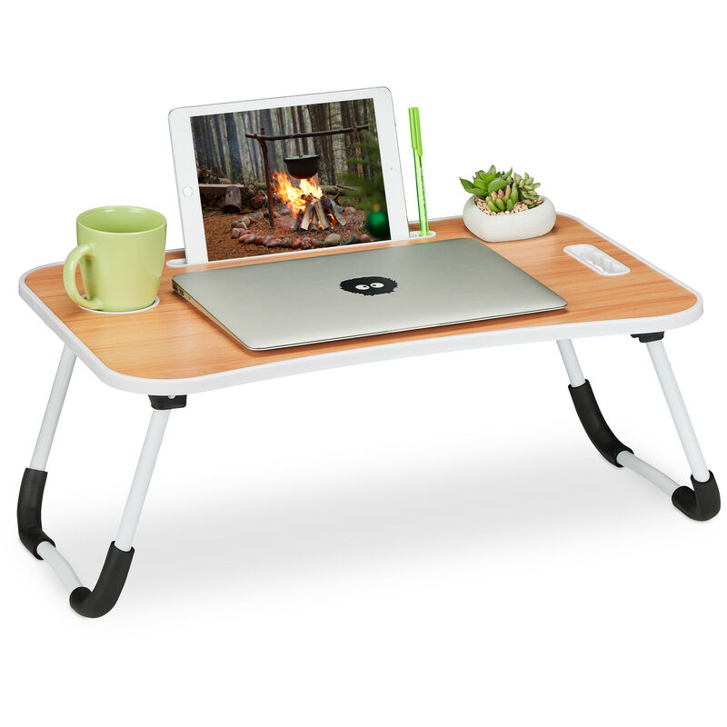 Relaxdays - Support pour lit & canapé, h x l x p : 26 x 63 x 40 cm, tablette pliable, pour ordinateur, nature - blanc