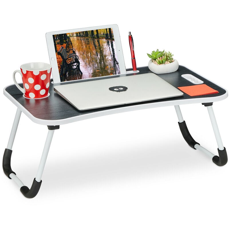 Support pour lit & canapé, h x l x p : 26 x 63 x 40 cm, tablette pliable, pour ordinateur, noir - blanc - Relaxdays