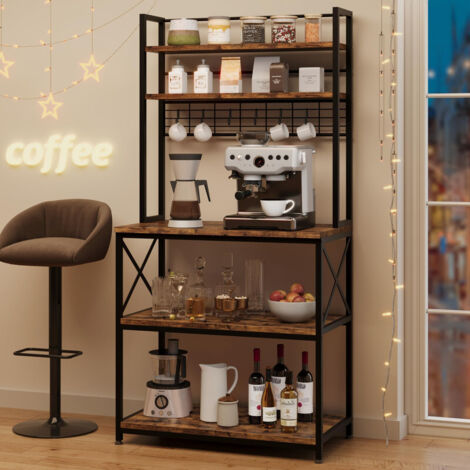 Support pour micro-ondes et cafetière, marque Küchenregal 80 cm, 5 niveaux, brun rustique, fer + PB, charge maximale 150 kg, avec 6 crochets, autonome, pour appareils de cuisine, 85 x 47 x 17 cm