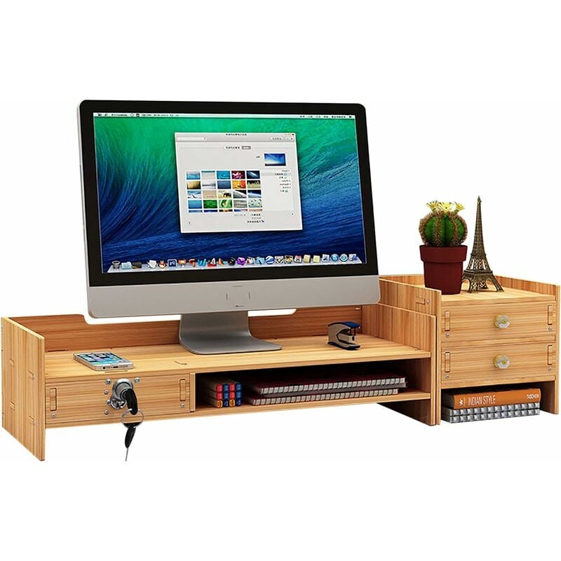 Support de moniteur en bois avec 3 tiroirs avec serrure, rehausseur d'écran - Support de bureau - Angle rotatif à 180°