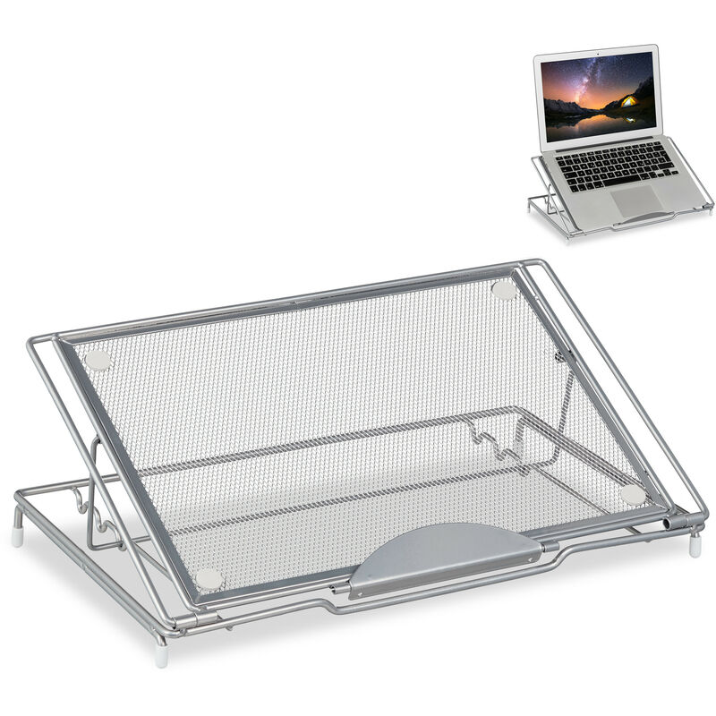 Support pour ordinateur, pliant, pc portable & tablette, jusqu'à 14 pouces, 3 angles, maille, acier, argenté - Relaxdays