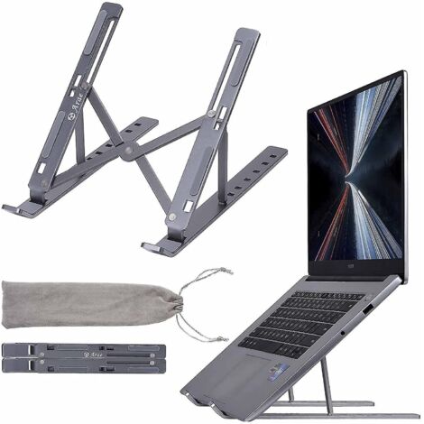 Support pour ordinateur portable de bureau, support ergonomique et portable en aluminium, réglable et pliable, 5 angles d'inclinaison, antidérapant, gris