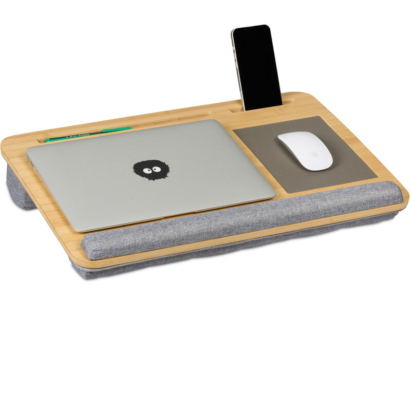Support pour ordinateur portable, en bambou, repose-poignets, h x l x p : 10 x 55,5 x 36 cm, nature et gris - Relaxdays