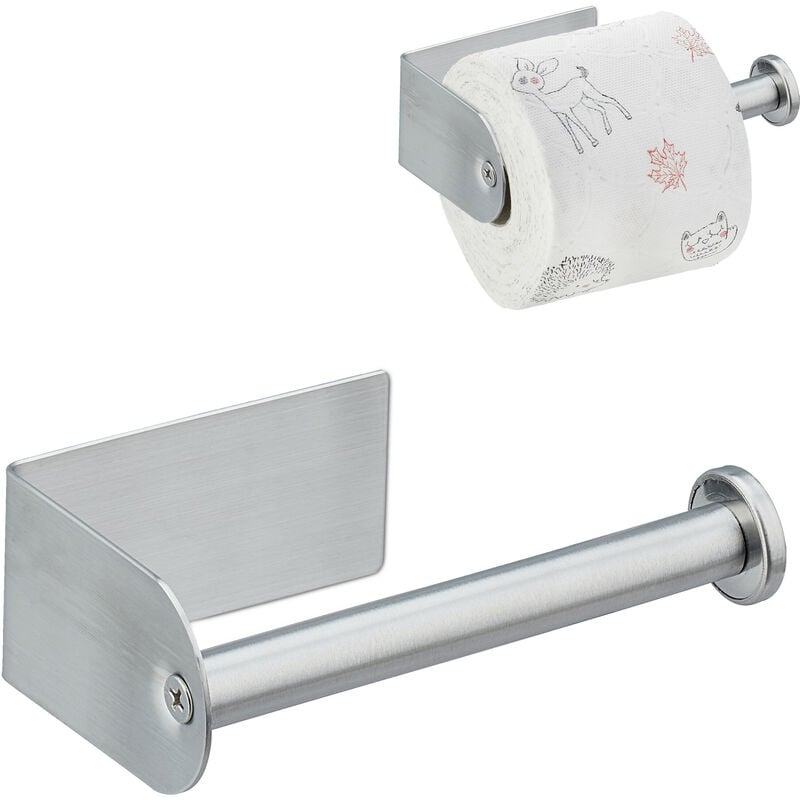Support pour papier toilette, sans perçage, acier inoxydable, autocollant, HxLxP: 4,5x13,5x7 cm, argenté - Relaxdays