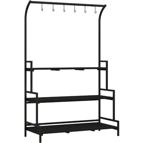 Support pour plantes 3 niveaux, 6 crochets, intérieur et extérieur, cadre en métal, 170H x 110L x 50P cm, noir