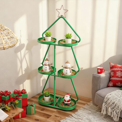 Support pour Plantes de Noël Étagère d'Exposition à 3 Niveaux en Forme d'Arbre avec Étoile Rouge en Sommet & Cadre en Métal Vert