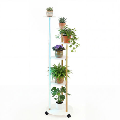 Support pour Plantes d'Intérieur à 6 Niveaux, Étagère d'Angle avec Roulettes Lumières LED 16 Couleurs Télécommande 7 Modes, Blanc