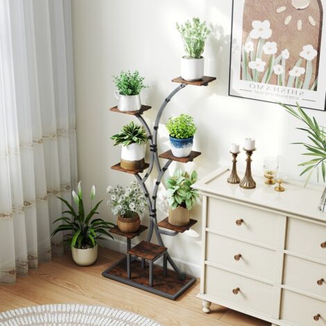 Support pour Plantes d'Intérieur de 146cm avec Lampes de Culture Support d'Angle en Métal à 8 Niveaux Support pour Pots de Fleurs Marron