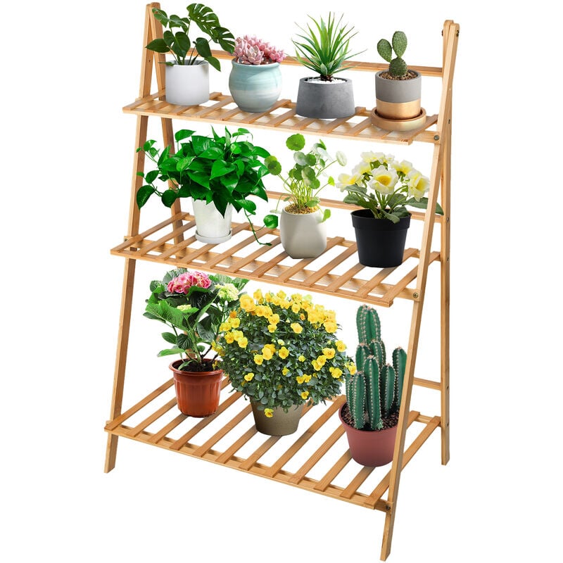 Haloyo - Support pour plantes d'intérieur et d'extérieur, support pour fleurs en bois, support pour plantes en bambou à 3 niveaux, étagère pour