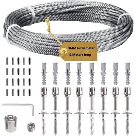 Support pour Plantes Grimpantes, 12m Kit Treillis Fil, 3 mm Corde en Acier Inoxydable Kit avec 8 Supports Muraux pour Vignes Fleurs Légumes