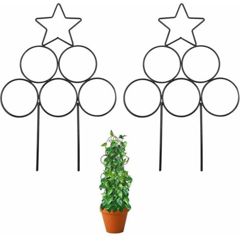 Support pour plantes grimpantes en métal, support pour plantes d'intérieur, support en fer forgé pour pots grimpants, support pour fleurs, lot de 2 (pentagramme rond, noir)