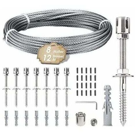 Support pour plantes grimpantes, kit de suspension de corde en acier inoxydable de 12 m avec câble en acier inoxydable de 3 mm et 8 tendeurs pour jardin/mur en béton/câble de clôture/bois massif (